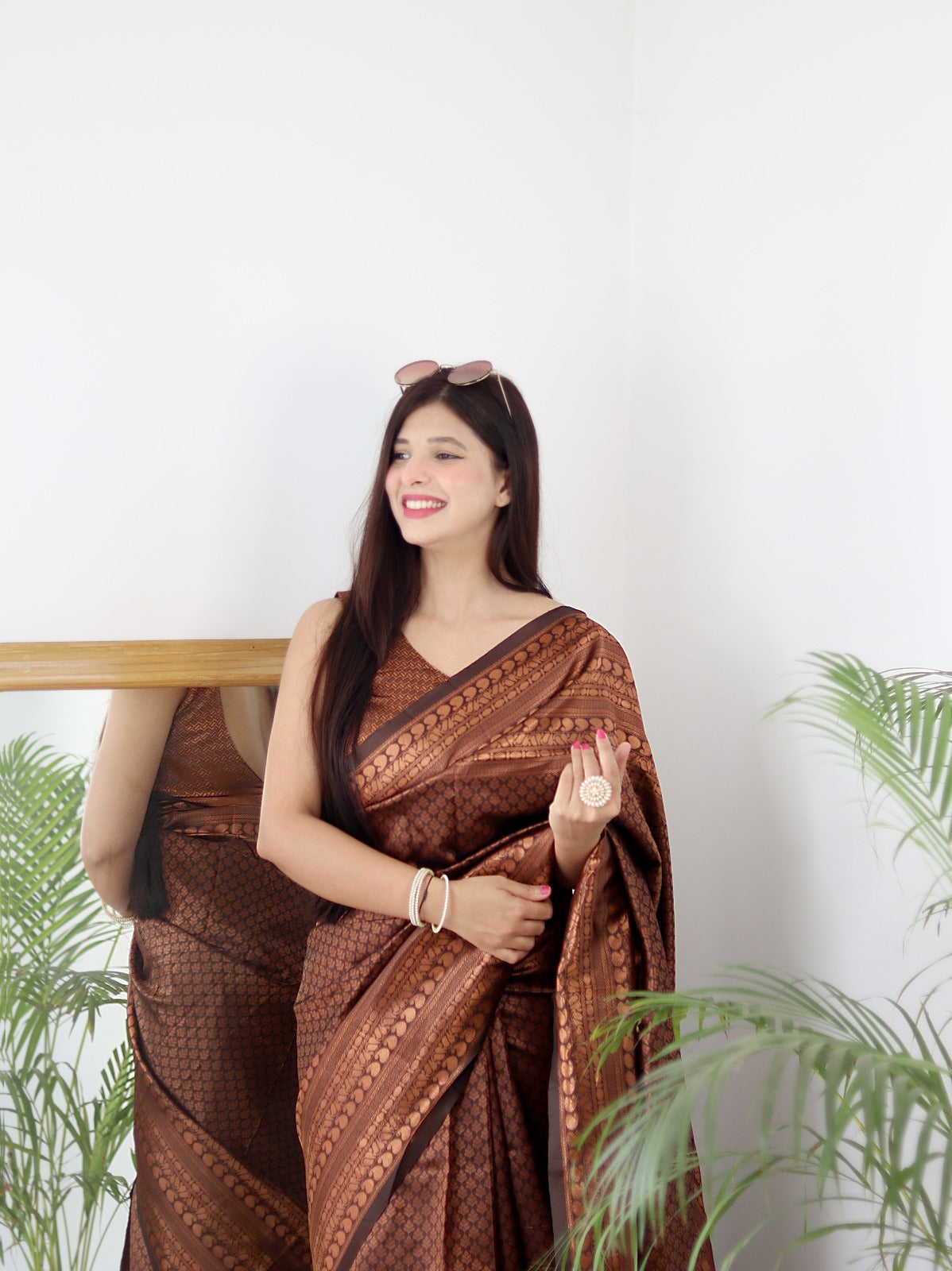 Elegant Chocolate Brown Pure Kanjeevaram Silk Saree with Skirt Border